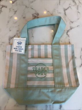 Trader Joe's Mint & Cream Striped Canvas Tote
